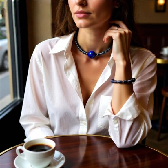 Lapis Lazuli & Hematite! Wear as a Choker or Wrap Bracelet! 15.5" + 3" Extender - Picture 3 of 13